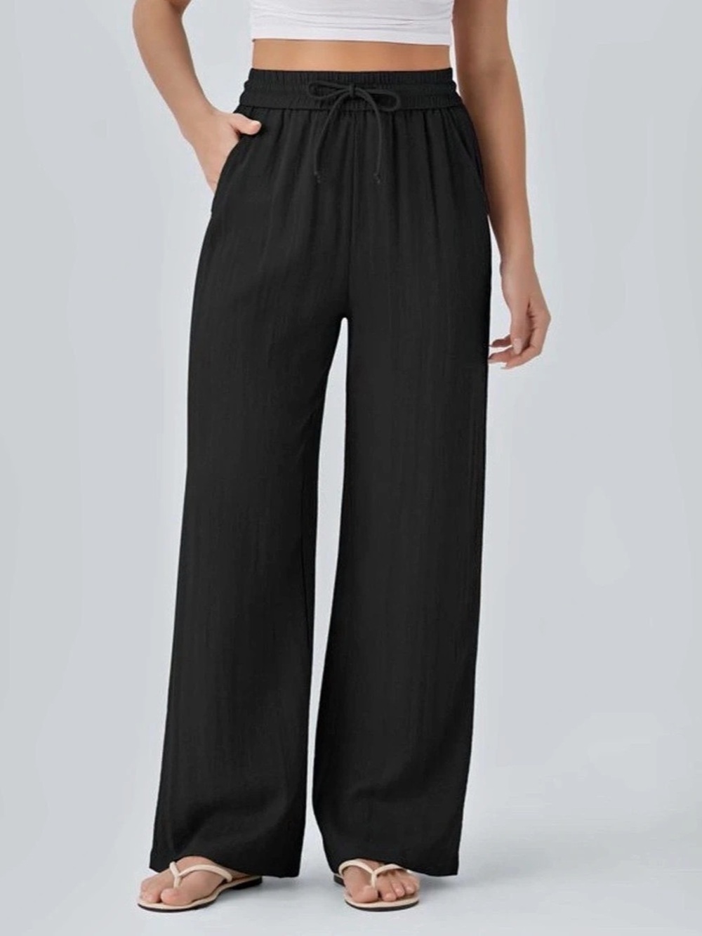 Halara Black High Waisted Drawstring Linen-Feel Wide Leg Pants NWT Size S/reg